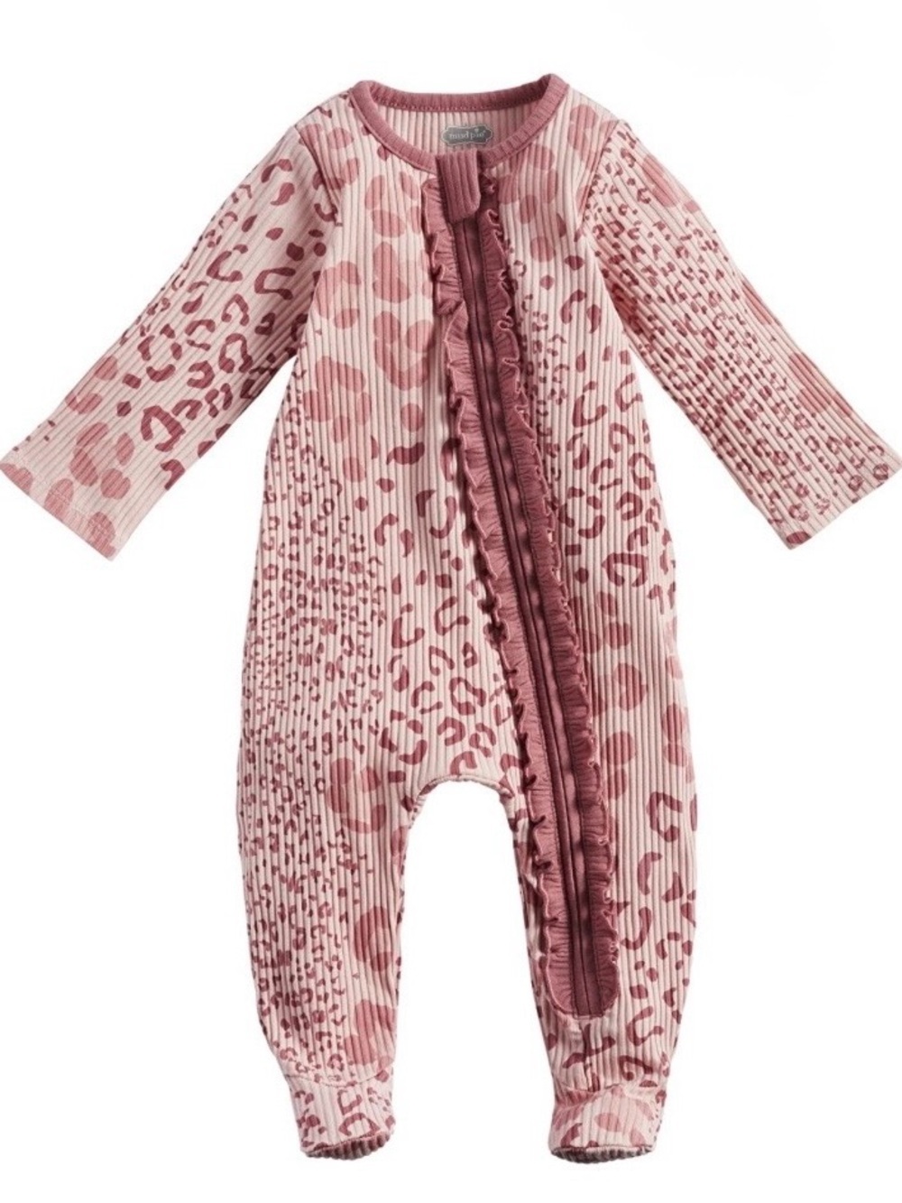 Mud Pie Baby Girls Pink Leopard Ribbed Ruffle Zipper Footed Sleeper 6-9 Months